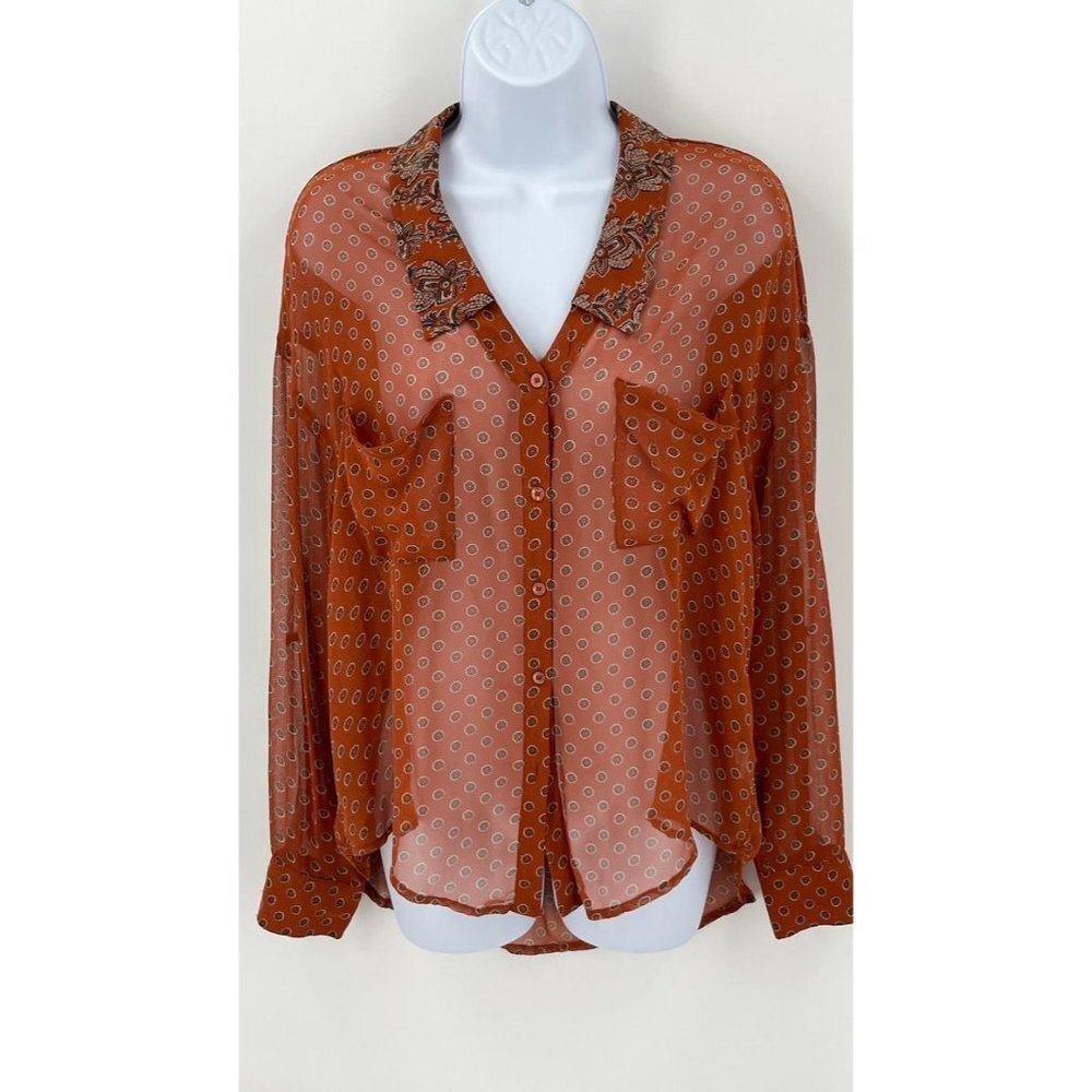 Free People Easy Rider Sheer Blouse  Size S Small Burnt Orange Paisley Pockets